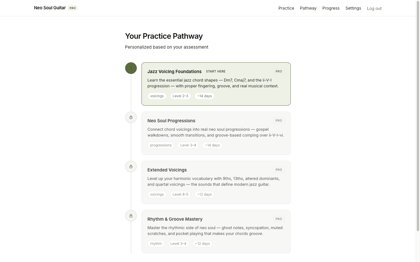 The practice pathway screen: a sequence of modules unlocking in order, personalized from an assessment